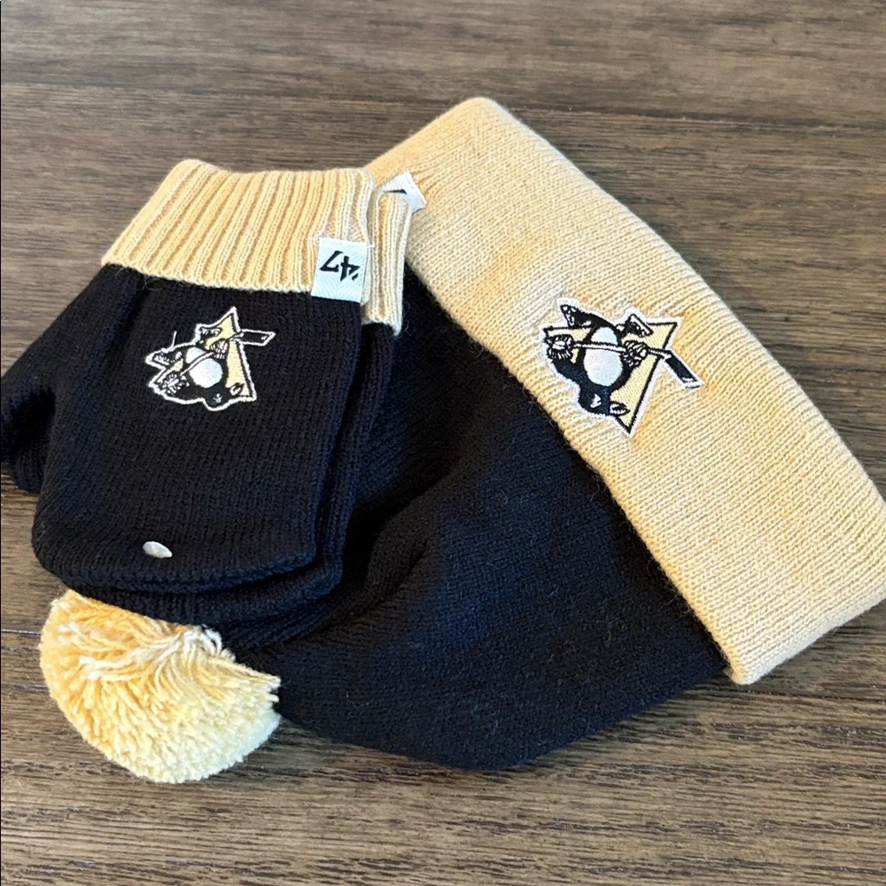 NWT [‘47] Pittsburgh Penguins 🐧 NHL Knit Beanie Hat & Mittens Set Black, Infant